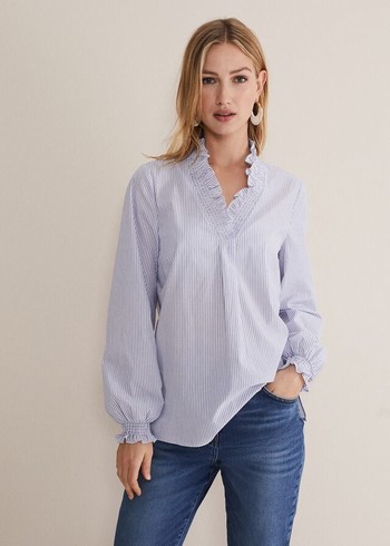 Phase Eight Izara Cotton Striped Ruffle Shirts Blue/White USA | 3057814-CQ